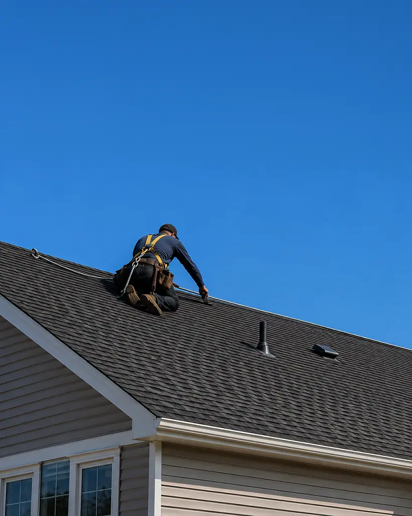 Roofer working on a residential roof under a clear blue sky